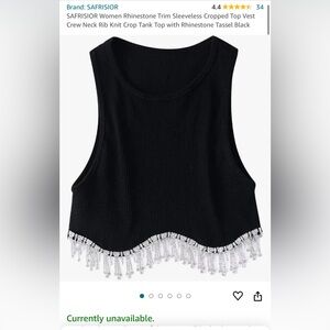 SAFRISIOR Women Rhinestone Trim Sleeveless Cropped
Top Vest Crew Neck- Black
